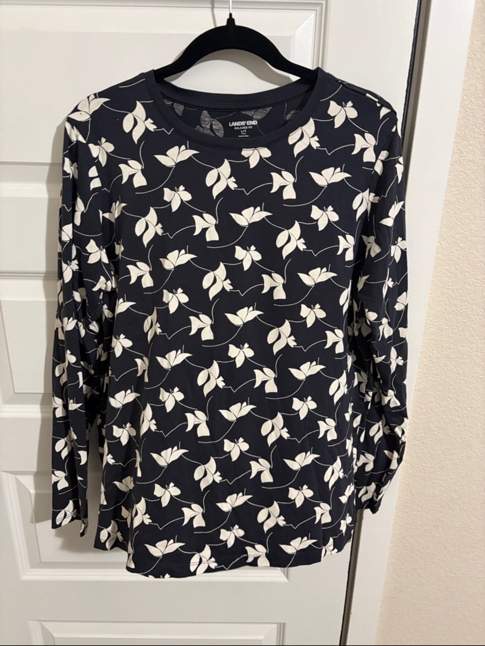 Lands' End Navy and Cream Floral Long Sleeve Tee